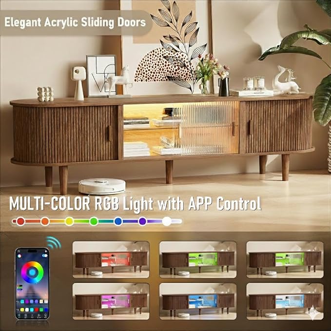 70" Fluted TV Stand with LED Lights for TVs up to 75 Inch, Mid Century Modern Entertainment Center with Sliding Doors & Glass Shelf, TV Console Table Media Console for Living Room, Walnut