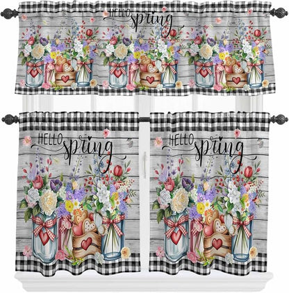 Spring Flowers Kitchen Curtain Set, Farmhouse Black Plaid Wood Grain Window by Unknown