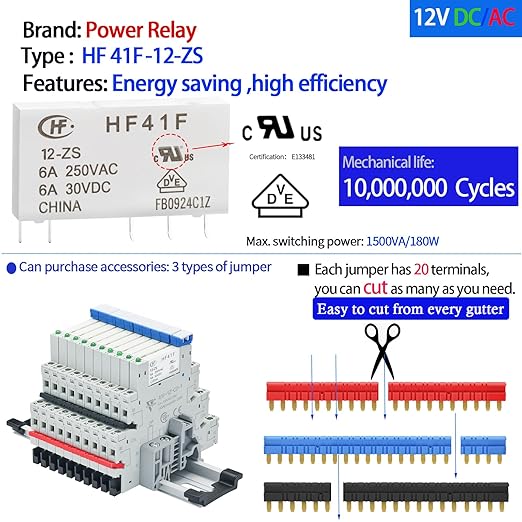 (10Pcs) 12V Relay Din Rail; Silm Relay 12V DC/AC 6Amp 5Pin 1NO 1NC SPDT with LED Indicator, Socket, Jumper DIN Rail Mount 12 Volt UL Listed