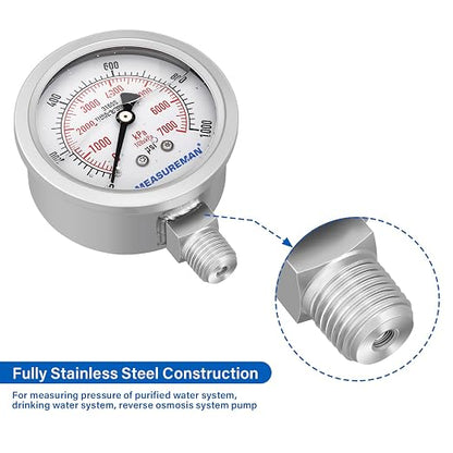 MEASUREMAN Pressure Gauge, 0-1000 PSI/kPa, Glycerin Filled, 1/4 NPT Lower Mount - Image 4