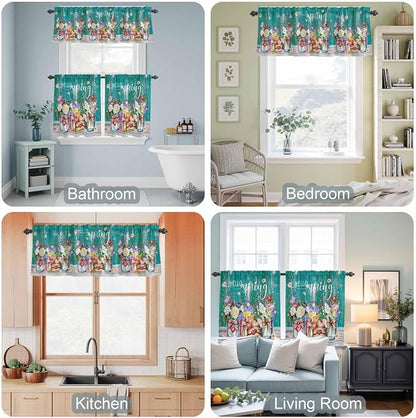 Spring Flowers Kitchen Curtain Set, Farmhouse Watercolor Teal Wood Grain Window - Image 7