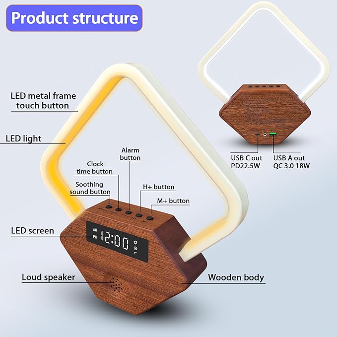 Xunhomon Sunrise Alarm Clock for Bedrooms Heavy Sleepers 15 Sleep Sounds White Noise Machine Baby/Adults 3 Color Table Lamp 10 Ringtones with PD22.5W USB C Fast Charger Birthday Gifts for Women