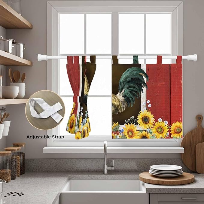 Chicken Sunflowers Kitchen Curtains 24 Inch Length, Small Window Curtains Tab - Image 5