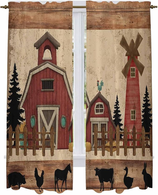 Brown Farmhouse Kitchen Curtains, Vintage Country Animals Wooden Grain Light by Unknown