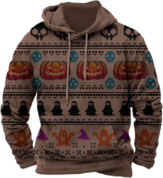 Halloween Hoodie Men Graphic Pumpkin Ghost Printed Sweatshirt Casual Trendy Long Sleeve Halloween Hooded Tops with Pockets