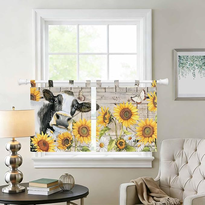 Yellow Sunflowers Kitchen Curtains 24 Inch Length, Small Window Curtains Tab Top - Image 2