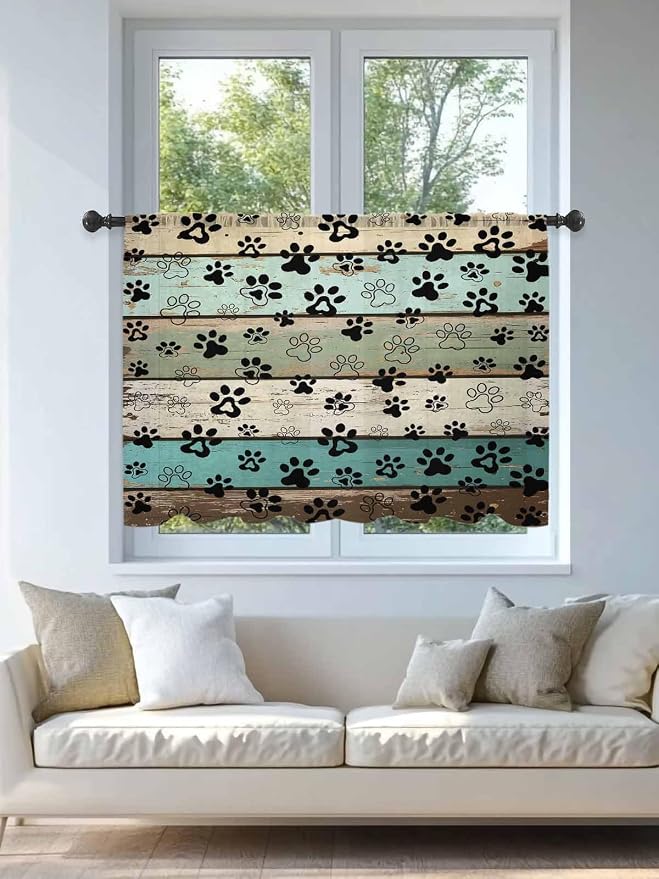 Sheer Curtains 45 Inch Length, Sage Green Brown Paw Prints Semi Sheer Curtains - Image 4