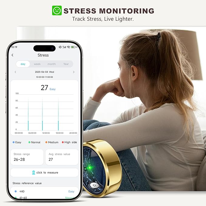 Smart Ring for Women Men, Fashion Minimalist Fitness Ring & Sleep Tracker Ring with Heart Rate, Blood Pressure, Waterproof Health Rings, Valentine's Day Gifts for Women, No Subscription (Size 8, Gold)