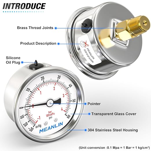 MEANLIN MEASURE -30inHG~60Psi Vacuum Gauge Stainless Steel 1/4" NPT 2" FACE - Image 4