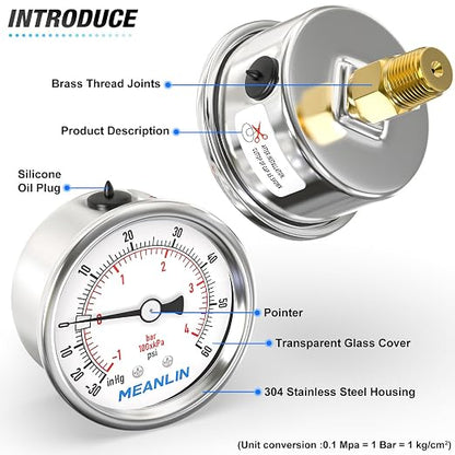 MEANLIN MEASURE -30inHG~60Psi Vacuum Gauge Stainless Steel 1/4" NPT 2" FACE - Image 4