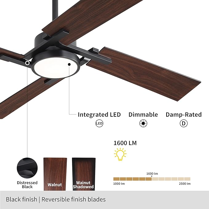 WINGBO 54 Inch Ceiling Fan with Light and Remote, 4 Plywood Blades, 6-Speed Reversible DC Motor, Dimmable, 3CCT, Farmhouse Ceiling Fan for Bedroom Living Room Kitchen, Black and Walnut/Shadowed Walnut