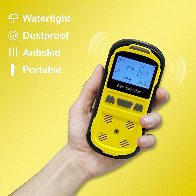 Upgraded 4 Gas Monitor Multi Gas Detector, Yfwsrecinoe Gas Leak Detector, Rechargeable 4 Gas Monitor Ex H2s Co O2 with LCD Multiple Indicator (Yellow)