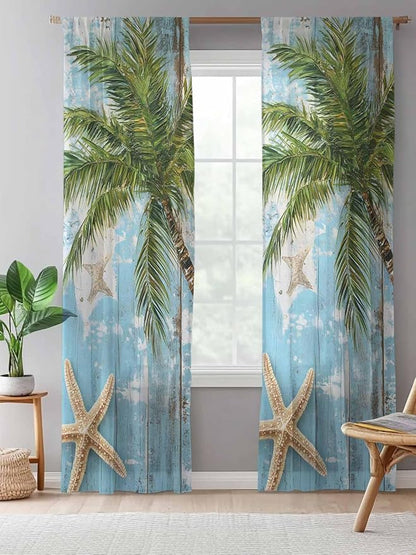 Sheer Curtains 84 Inches Long, Coastal Beach Blue Semi Sheer Curtains Light - Image 5