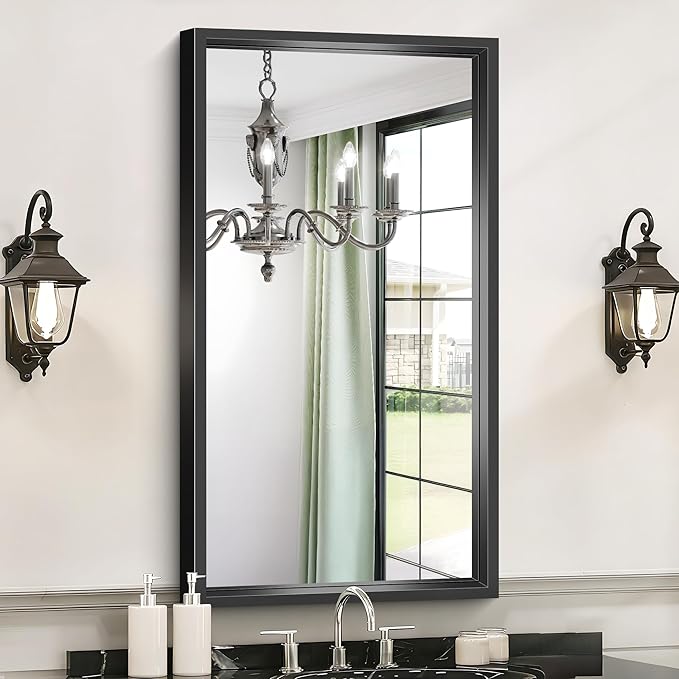 Bathroom Mirrors for Over Sink, 36 x 20 Inch Brushed Black Rectangle Mirror, 0.6" Thickened Deep Frame Wall Mirror, Shatterproof Tempered Glass, Antirust, Horizontally or Vertically