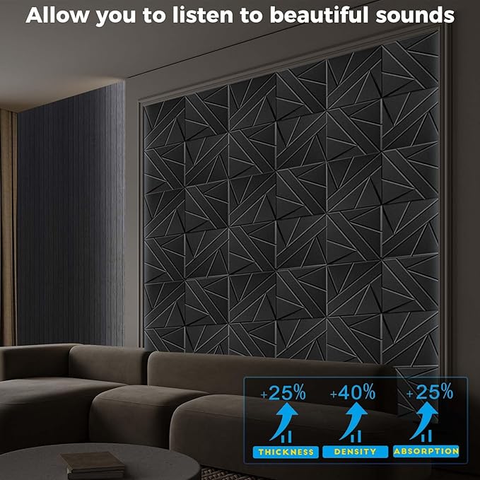 8 Pack Self-Adhesive Soundproof Wall Panels, 12 x 12 x 0.47 in Sound Proof Foam Panels for Walls, 1.2lb/ft³ High Density, Thicker 0.47in, Acoustic Panel, Peel and Stick Wall Panel Studio Black