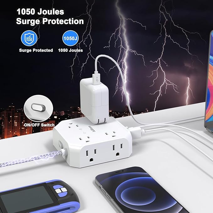 Surge Protector Flat Plug Power Strip, 10Ft Extension Cord with Multiple Outlets, 8 Outlet Splitter with 4 USB(2 USB C) Ports, Desk Charging Station for Home, Office, College, Dorm Room Essentials