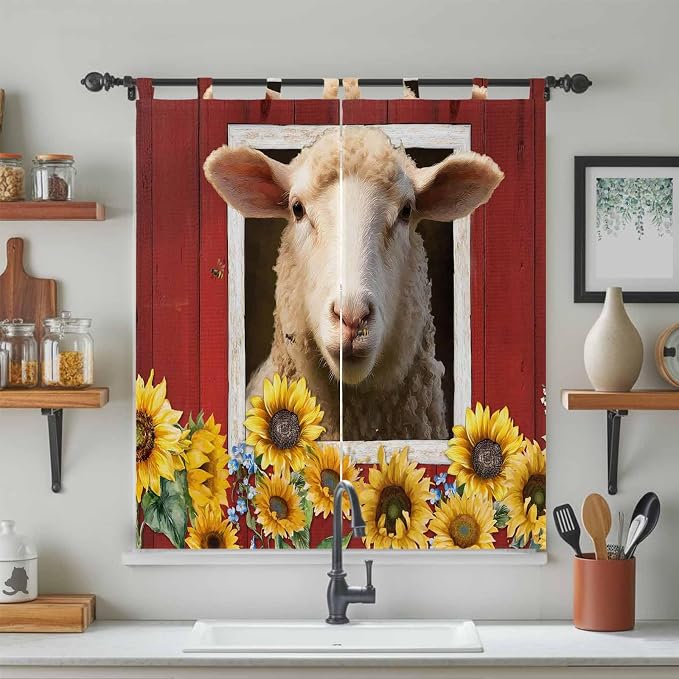 Sheep Sunflower Living Room Curtains 84 Inch Length, Window Curtains Tab Top - Image 3