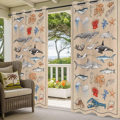 Vintage Outdoor Curtains for Patio Sharks Whales Lobsters Biographies - Image 5
