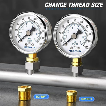 MEANLIN MEASURE 0~100Psi Dry Pressure Gauge Stainless Steel 1/4" NPT 2" FACE - Image 3