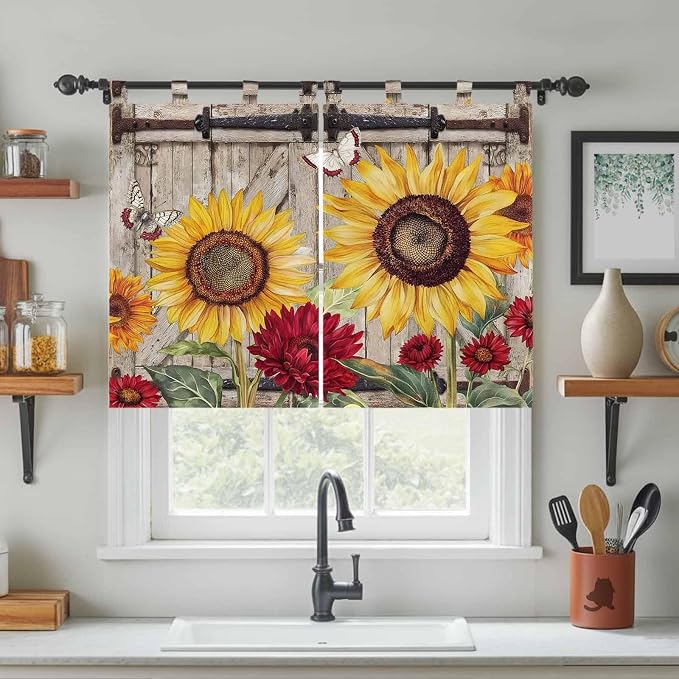 Sunflowers Kitchen Curtains 45 Inch Length, Short Cafe Window Curtains Tab Top - Image 3