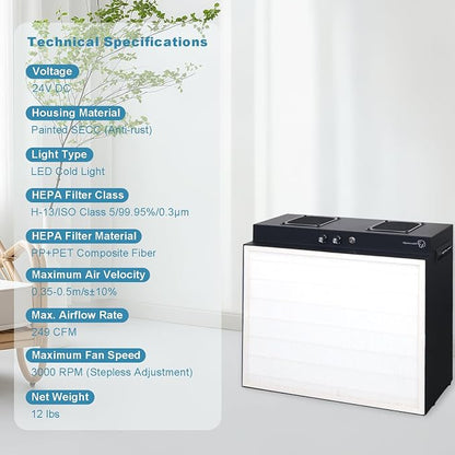 Laminar Flow Hood with H13 HEPA Filter (20"x15"）, FFU Class 100 / ISO 5 Clean - Image 5