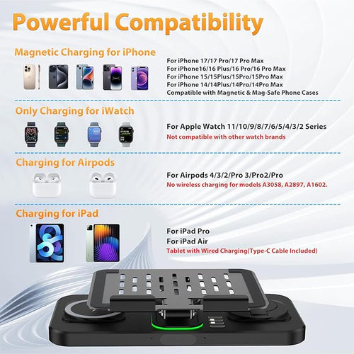 30W Charging Station for Apple Products, Foldable Wireless Charger with Clock Display&7 Color Light, Wired Charging for iPad/Tablet Charging Station for iPhone17, for Apple Watch11 for AirPods4(Black