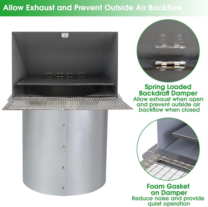 10 Inch Hooded Wall Vent with Screen and Damper, Outdoor Wall Exhaust Vent - Image 5