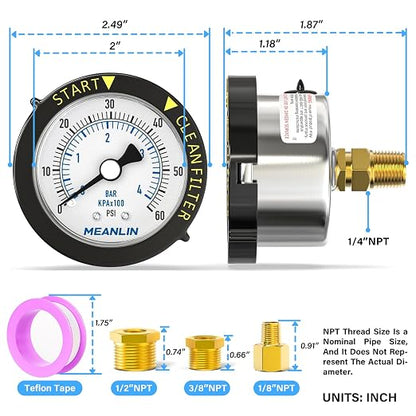 MEANLIN MEASURE 0~60Psi Stainless Steel Start and Clean Filter Pressure Gauge - Image 2