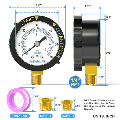 MEANLIN MEASURE 0~60Psi 1/4" NPT Start and Clean Filter Pressure Gauge - Image 2