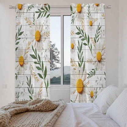 Spring Daisy Kitchen Curtains, Farmhouse Country Flower Leaf Plant Wood Grain - Image 4