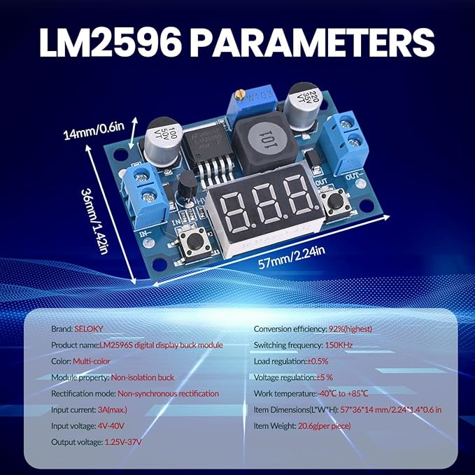 Seloky LM2596 Adjustable DC-DC Step-Down Buck Converter Module with LED Voltmeter Display, Voltage Regulator 4.0-40V Input to 1.25-37V Output Power Supply Module (Pack of 3)