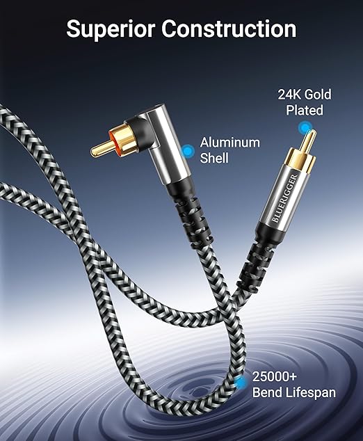 BlueRigger Subwoofer Cable 90D (10FT, RCA Audio, Dual Shielded, Gold Plated, Right Angled Male RCA Connectors) – Compatible with Subwoofer, Amplifier, Home Theater