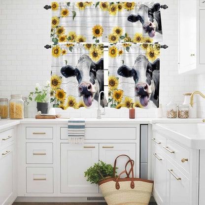 Kitchen Curtains Tiers and Valance Set of 3, Cow Sunflowers Light Filtering - Image 3