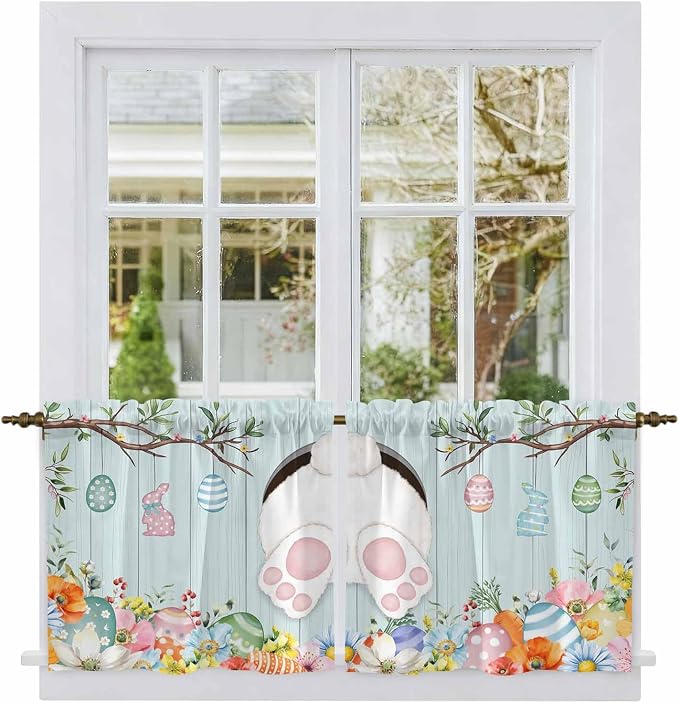 Easter Bunny Kitchen Tier Curtains 24 Inch Long 2 Panel Set, Rod Pocket Cafe - Image 2