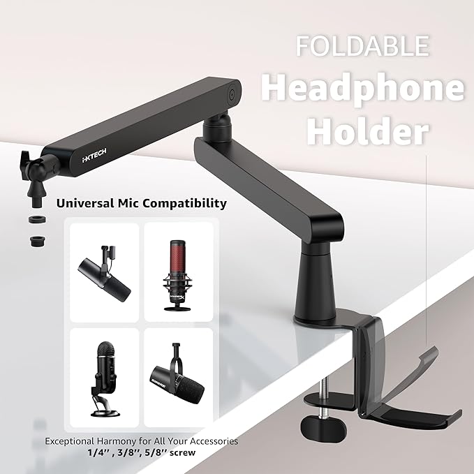 IXTECH Mic Boom Arm Stand LP Microphone Stand Low Profile Microphone Arm Adjustable for Blue Yeti Shure Sm7b Hyperx QuadCast Rode Fifine and At2020 360° Mic Arm for Gaming Podcasting.