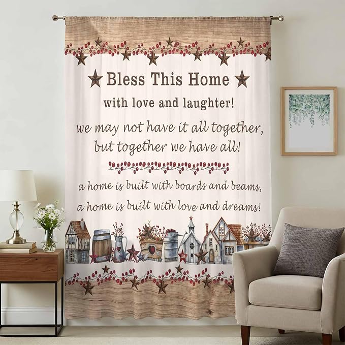 Farmhouse Sheer Curtains 63 Inch Length Country Star Barn Berry Brown Wood - Image 3
