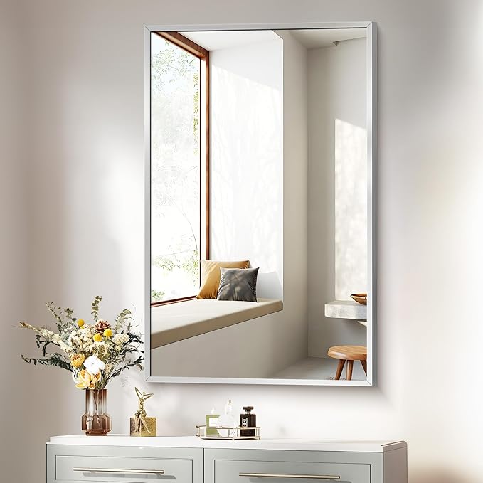 Silver Bathroom Mirror for Wall, 30x48 Inch Rectangle Mirrors with Metal Frame, Modern Vanity Wall Mirror Decor for Bathroom Living Room, Entryway Hangs Horizontal or Vertical