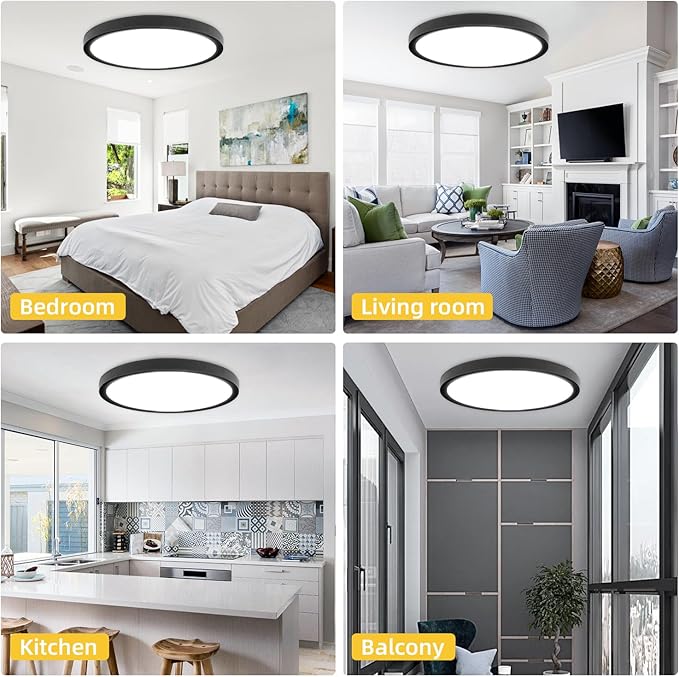 RLEDPZTX Led Flush Mount Ceiling Light,16 Inch 32w 3480lm,3000k/4000k/6000k 3CCT Selectable, Round Modern Flat Panel Super Slim Led Ceiling Light,for Living Dining Kitchen Bedroom Room (4Pack-Black)