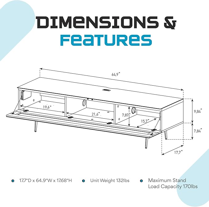 SONOROUS ST-360 Premium TV Stand for Living Room – Modern TV Stands & Entertainment Center with Storage – Black Wood & White Glass Cover – Luxury Media Console with Metal Legs for TVs up to 75 inches