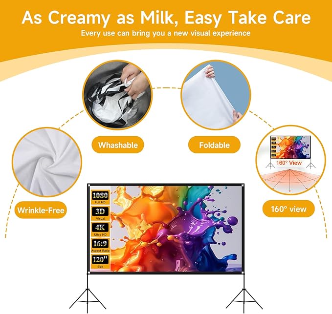 Outdoor Projector Screen with Stand, SCREENMAX 120 inch Foldable Projector Screens with Portable Carry Bag, 16:9 4k HD Rear Front Wrinkle-Free Projection Screen for Movie Night and Indoor Home Theater