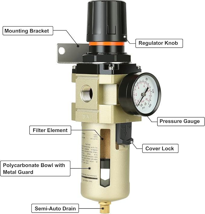 Hromee 1/2 Inch Compressed Filter Regulator Combo, Air Compressor Water Oil - Image 5