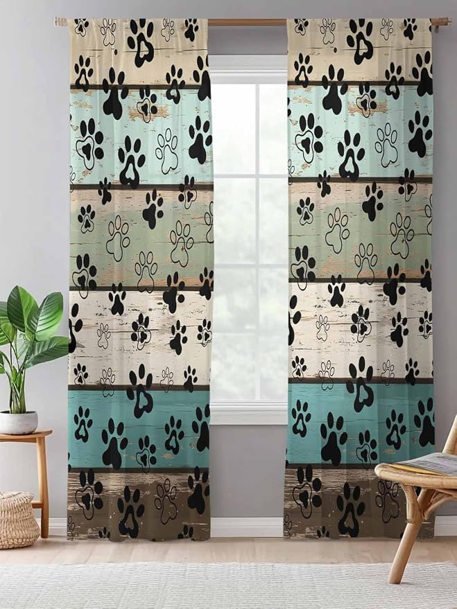 Sheer Curtains 96 Inches Long, Sage Green Brown Paw Prints Semi Sheer Curtains - Image 5