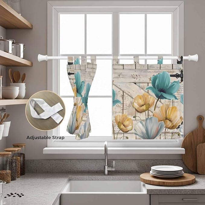Watercolor Flowers Kitchen Curtains 36 Inch Length, Small Window Curtains Tab - Image 5