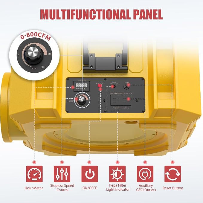 800CFM Hepa Air Scrubber with 3-Stage Filtration, Stackable Negative Air Machine - Image 3