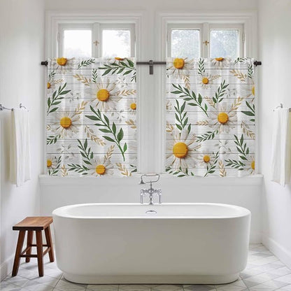 Spring Daisy Kitchen Curtains, Farmhouse Country Flower Leaf Plant Wood Grain - Image 5