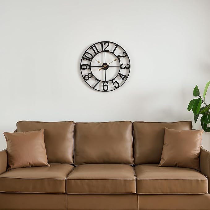 Alarmore Wall Clocks for Living Room Decor, Silent Wall Clock Battery Operated, Mid Century Rustic Farmhouse Black Metal Skeleton Large Clocks for Kitchen, Bedroom, Dining Room-18 in