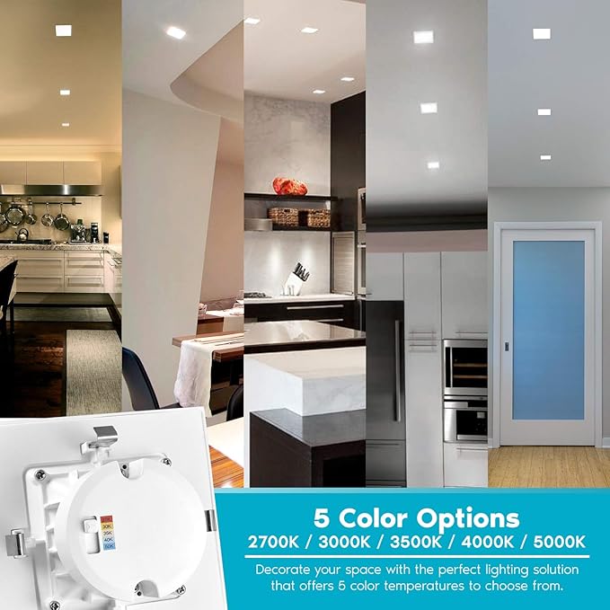 LUXRITE 4 Inch Square Recessed LED Can Lights, CCT Color Temperature Selectable 2700K | 3000K | 3500K | 4000K | 5000K, Dimmable Recessed Lights, 750 Lumens, CRI 90, Energy Star, Wet Rated (6 Pack)