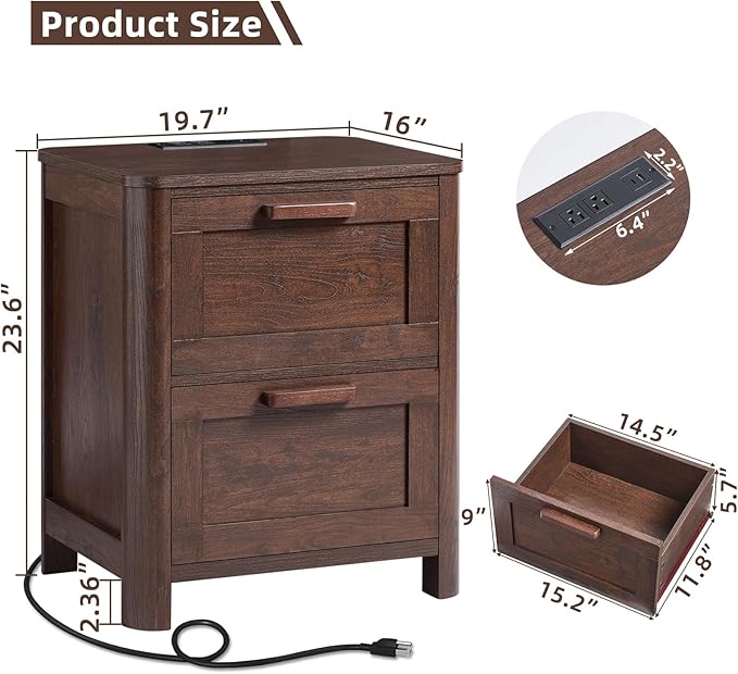 Joaxswe Farmhouse Nightstand with Charging Station, End Tables Bedroom with 2 Large Drawers & 4 Thickened Table Legs, Walnut