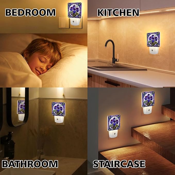 PODMemory Violet Stained Glass Night Lights Plug into Wall for Room, Violet Night Light LED for Bedroom