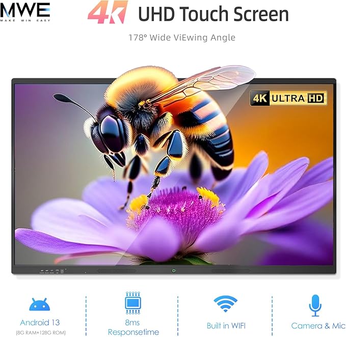 QIXZOCV 55" Smart Board, Interactive Whiteboard, 4K Electronic Board, UHD Touchscreen, Android 13, 8+128G, All in One Smartboard for Classroom Office Home (Wall Mount Included)
